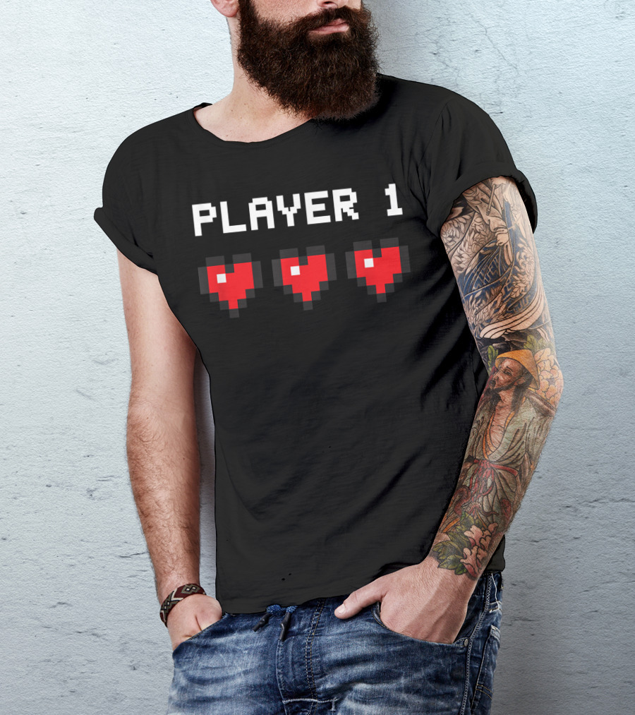 Player 1 Pixel Hearts Retro Gaming T-Shirt