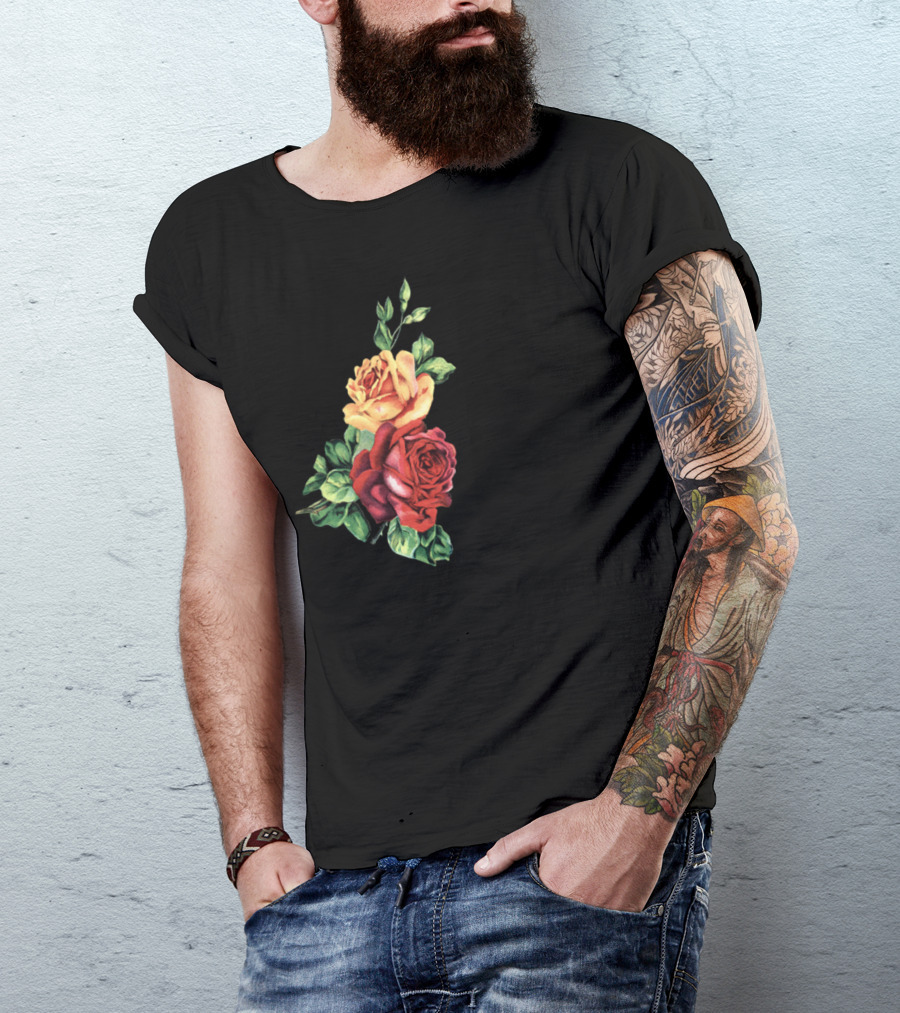 Initial Rose Floral Monogram Letter P With Red And Yellow Roses T-Shirt