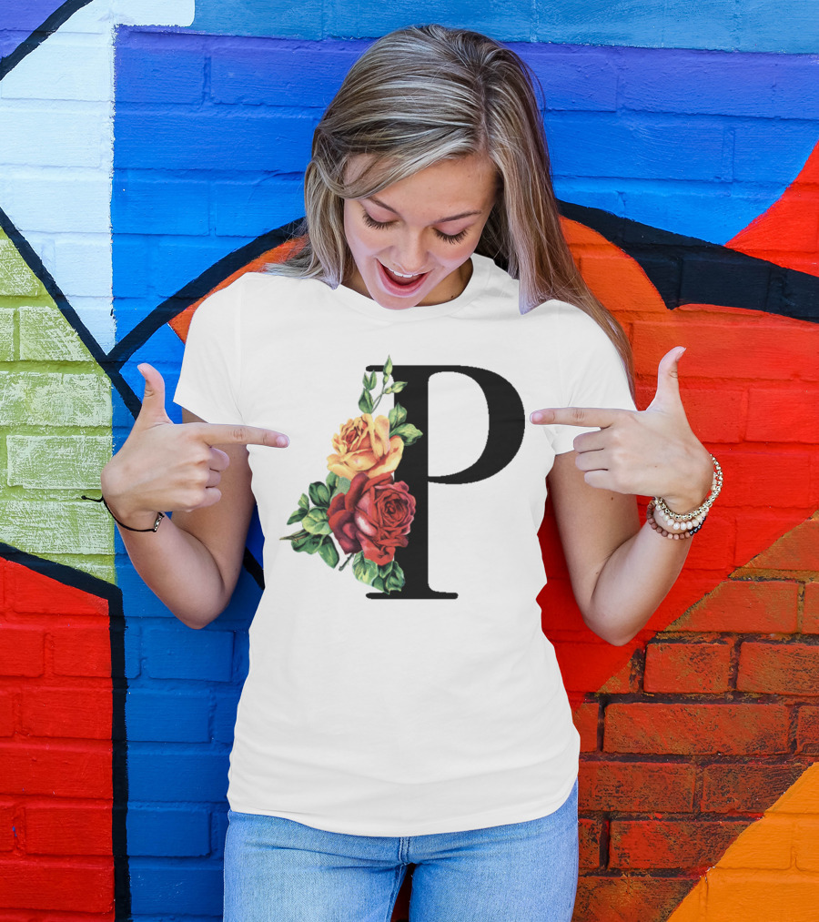 Initial Rose Floral Monogram Letter P With Red And Yellow Roses T-Shirt
