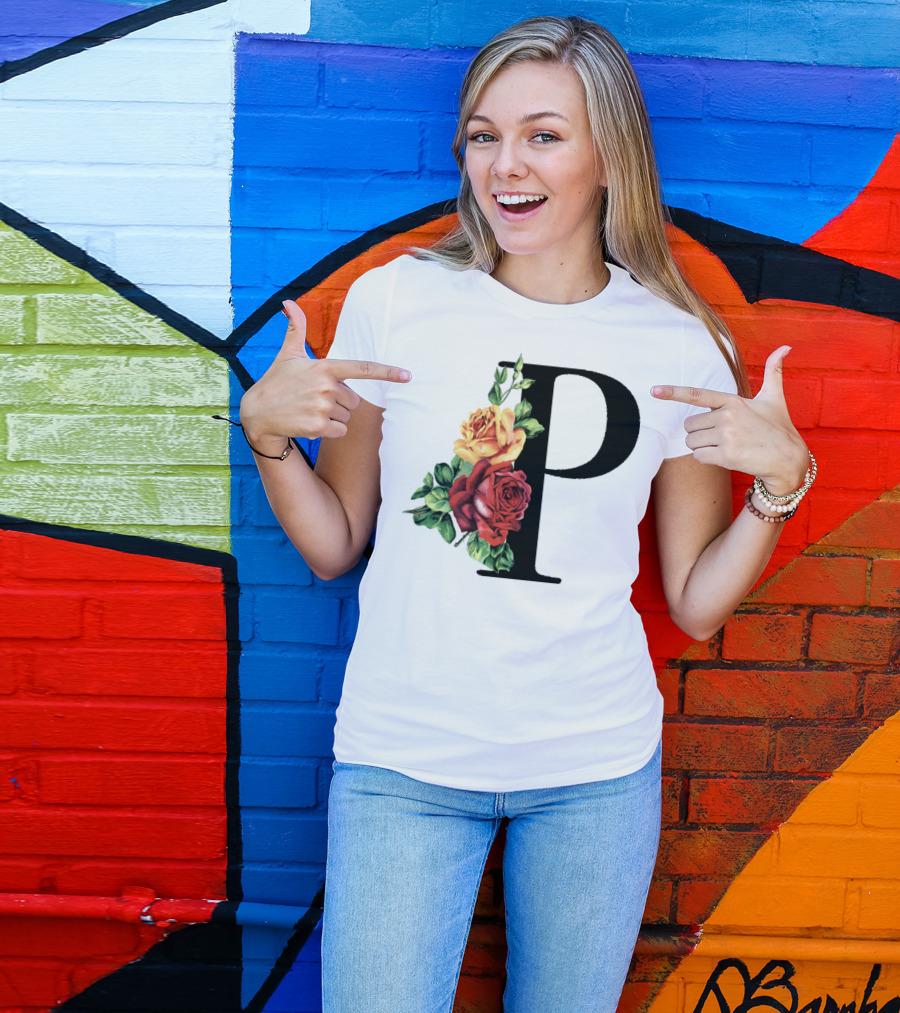Initial Rose Floral Monogram Letter P With Red And Yellow Roses T-Shirt
