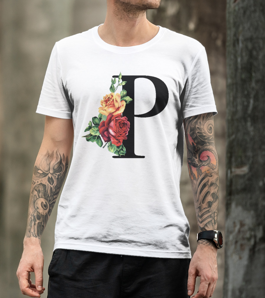 Initial Rose Floral Monogram Letter P With Red And Yellow Roses T-Shirt
