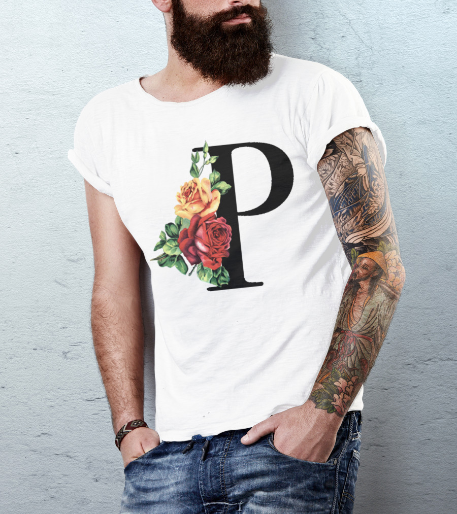 Initial Rose Floral Monogram Letter P With Red And Yellow Roses T-Shirt