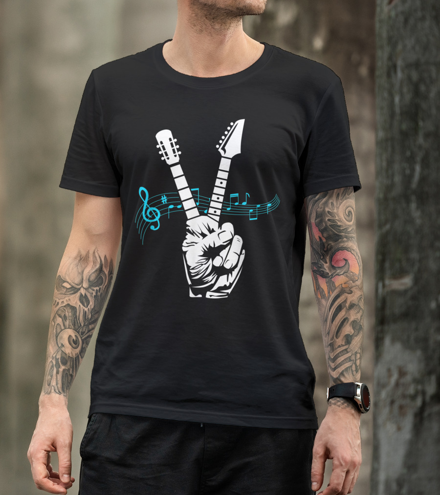 Peace Sign Guitar Neck Fingers And Musical Notes T-Shirt