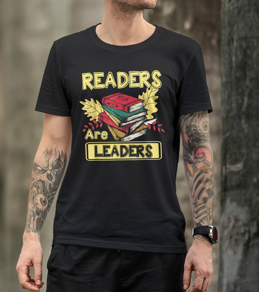 READERS ARE LEADERS BOOKS WITH FALL LEAVES STACKED T-Shirt