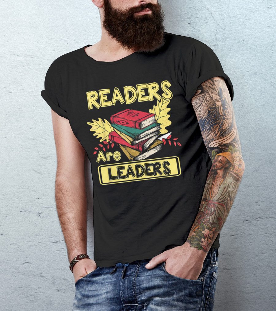 READERS ARE LEADERS BOOKS WITH FALL LEAVES STACKED T-Shirt