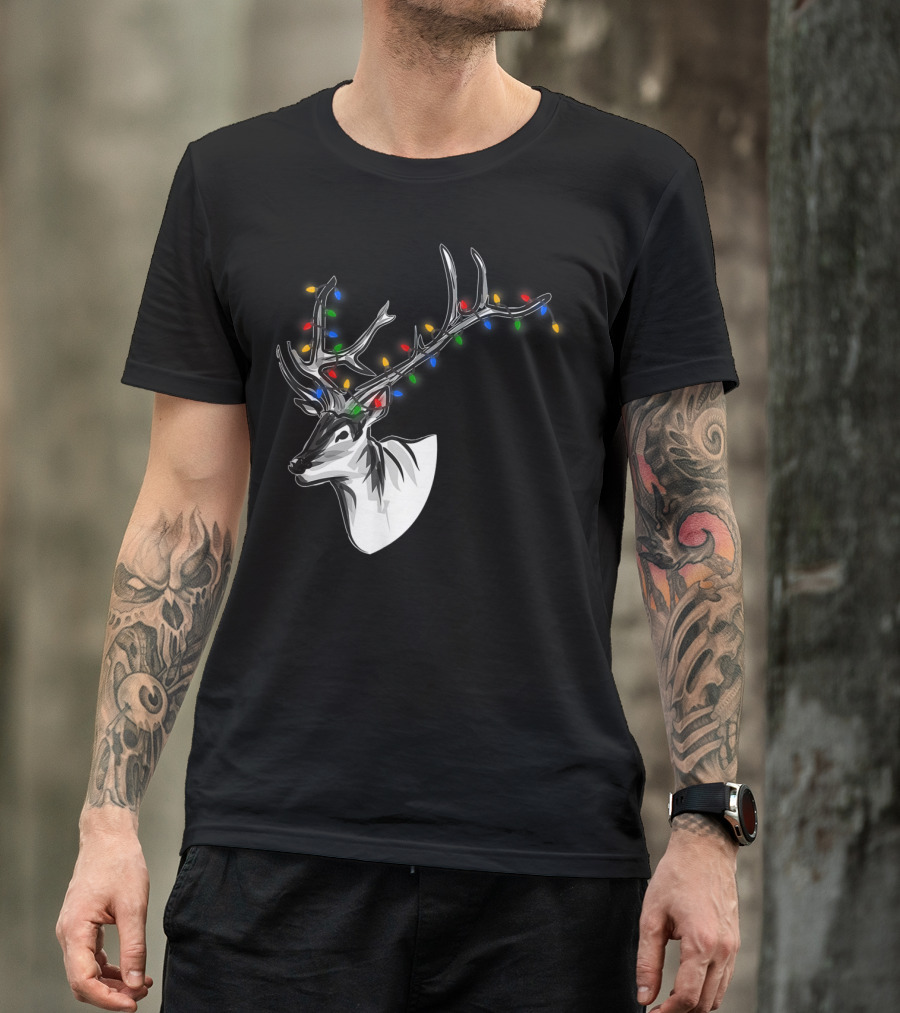 Reindeer With Colorful Christmas Lights On Antlers Funny Animal T-Shirt