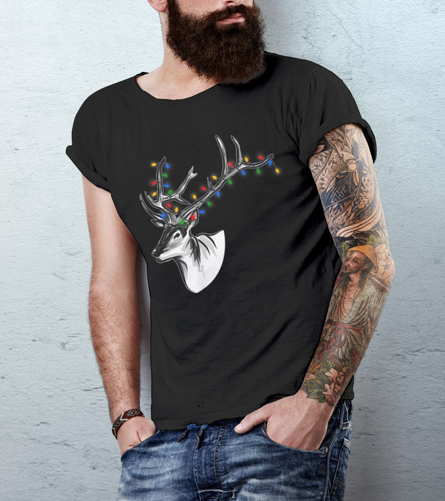 Reindeer With Colorful Christmas Lights On Antlers Funny Animal T-Shirt