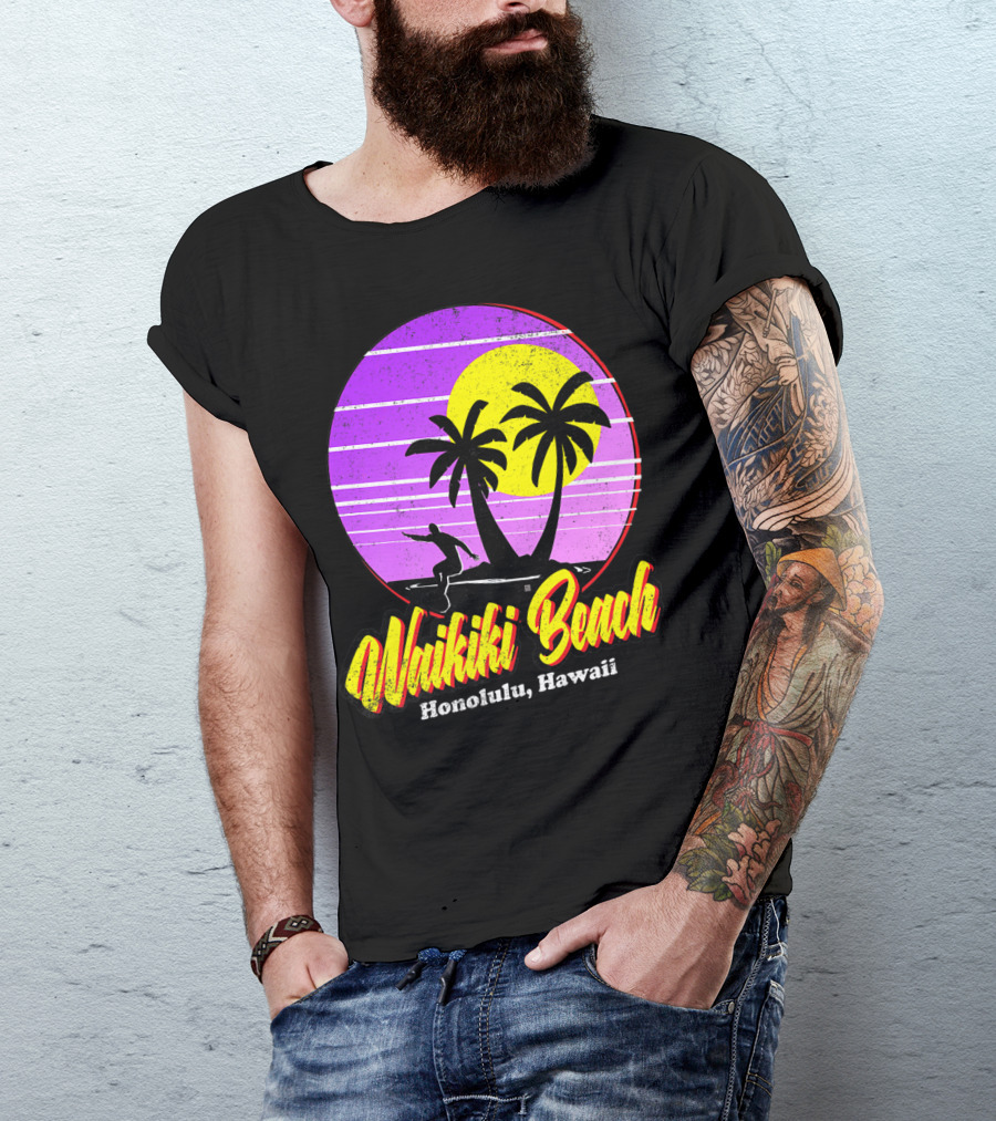 Waikiki Beach Honolulu Hawaii Retro Surfer Vintage 80's Sunset Palms T-Shirt