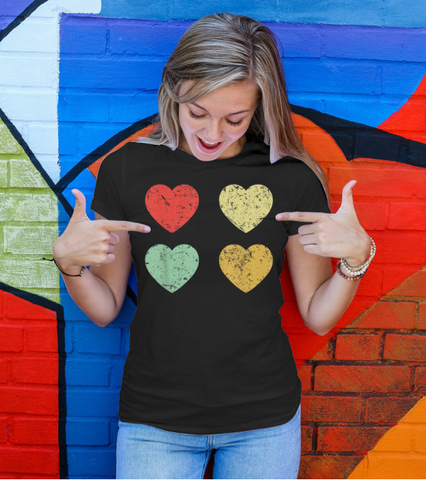Retro Vintage Hearts Valentines Day Four Colorful Grunge Hearts T-Shirt