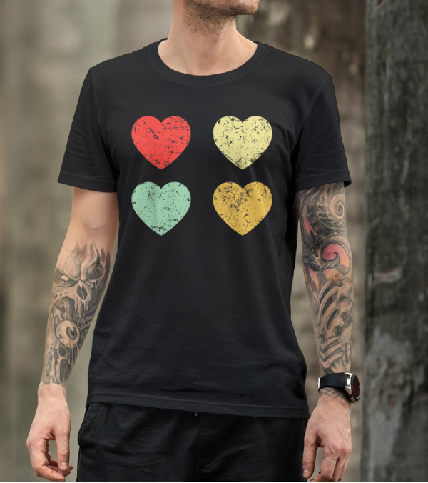 Retro Vintage Hearts Valentines Day Four Colorful Grunge Hearts T-Shirt