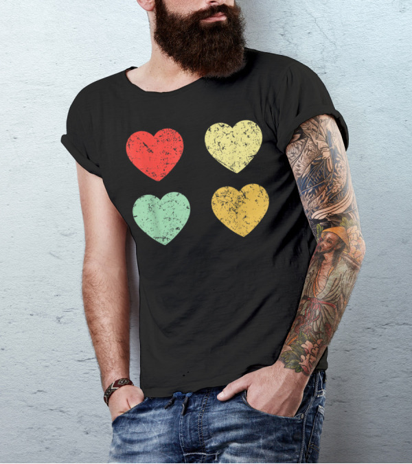 Retro Vintage Hearts Valentines Day Four Colorful Grunge Hearts T-Shirt