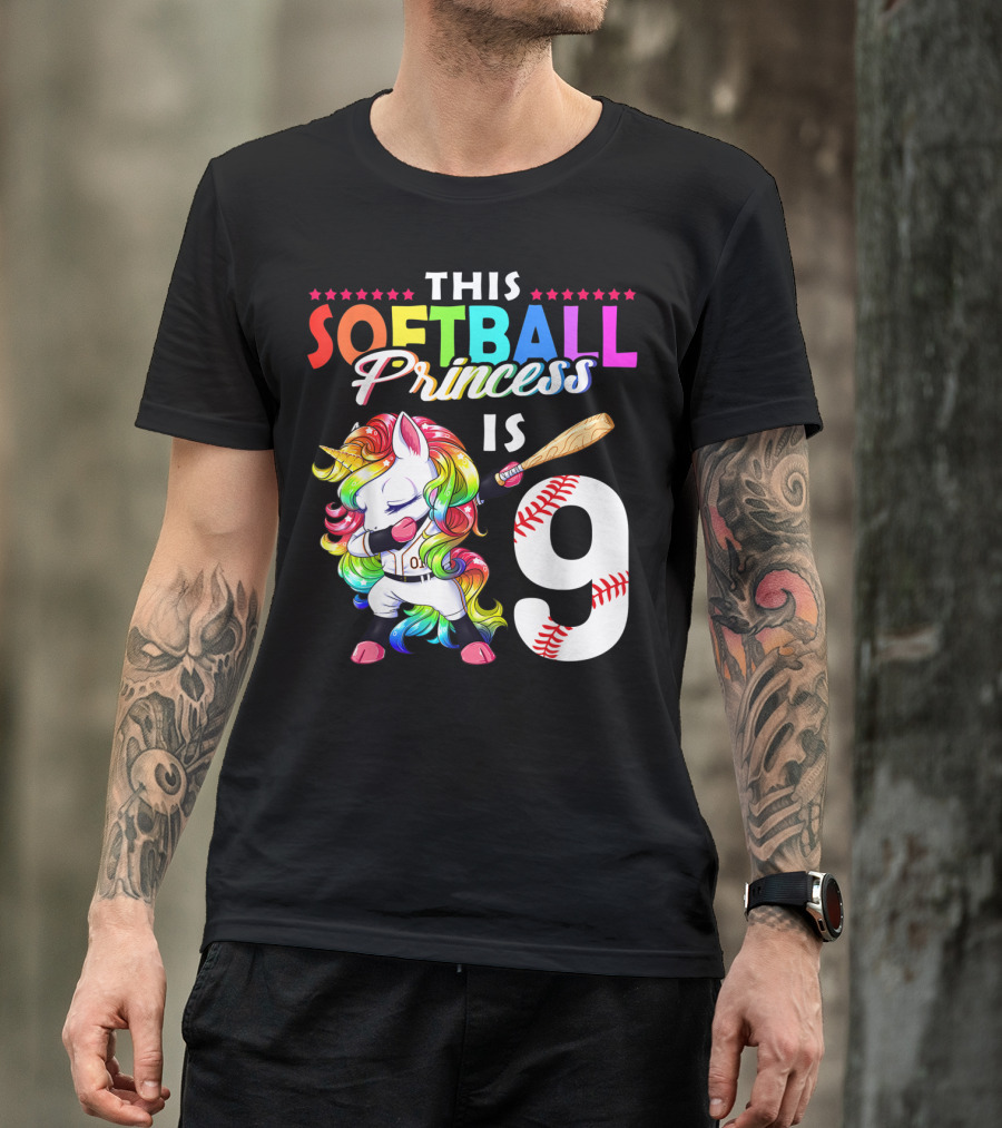 This Softball Princess Is 9 Unicorn Birthday Rainbow Bat T-Shirt