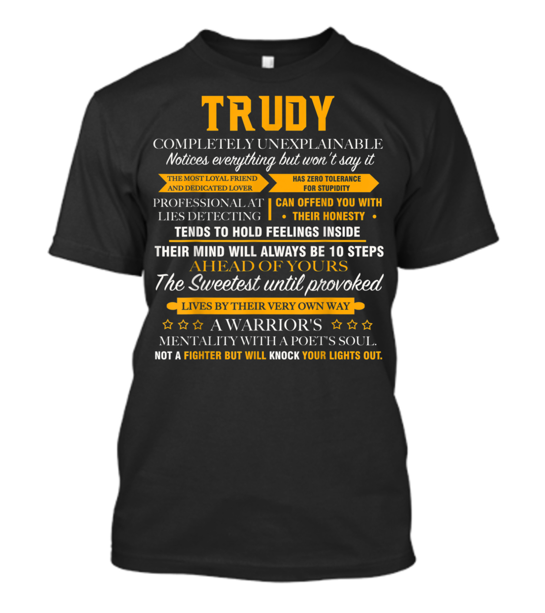 Trudy Completely Unexplainable Notices Everything Professional Lies Detecting Warrior's Mentality Poet's Soul T-Shirt