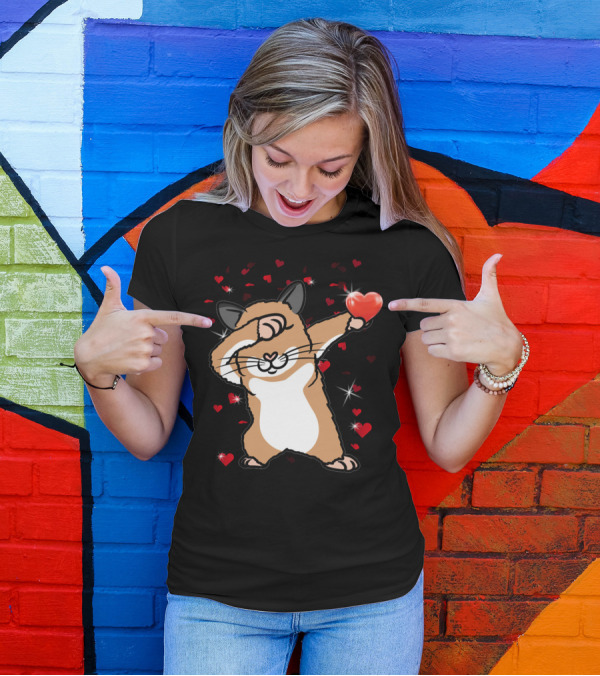 Valentine Girls Cute Dabbing Hamster With Heart And Sparkling Red Hearts T-Shirt