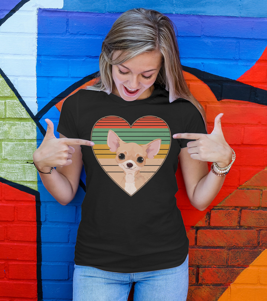 Vintage Chihuahua Heart Striped Retro Heart-Shaped T-Shirt