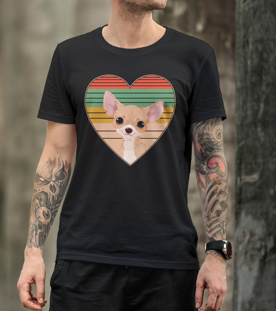 Vintage Chihuahua Heart Striped Retro Heart-Shaped T-Shirt