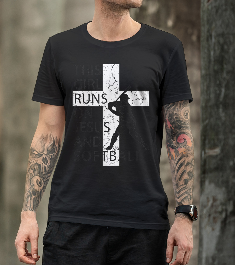 This Girl Runs On Jesus And Softball Silhouette With Cross T-Shirt