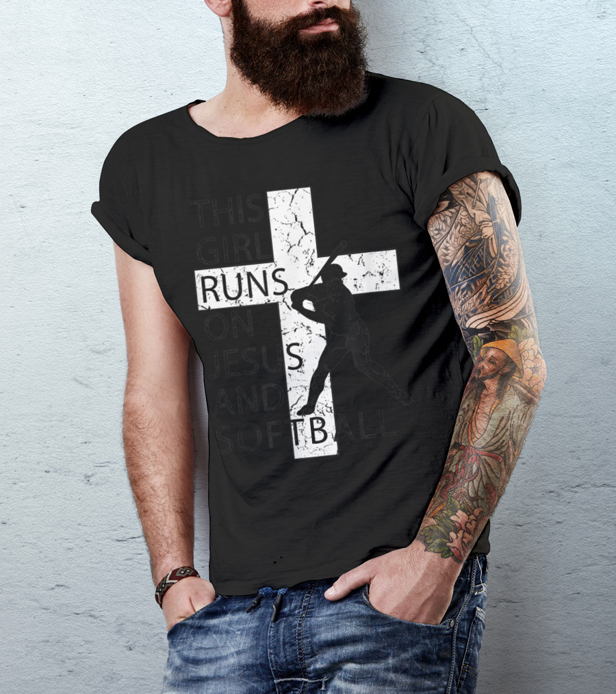 This Girl Runs On Jesus And Softball Silhouette With Cross T-Shirt