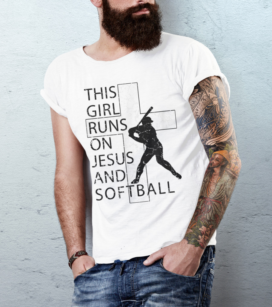 This Girl Runs On Jesus And Softball Silhouette With Cross T-Shirt