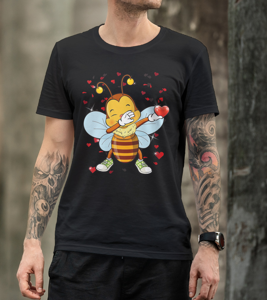 Valentine Bee Dabbing Holding Heart Surrounded By Hearts And Stars T-Shirt