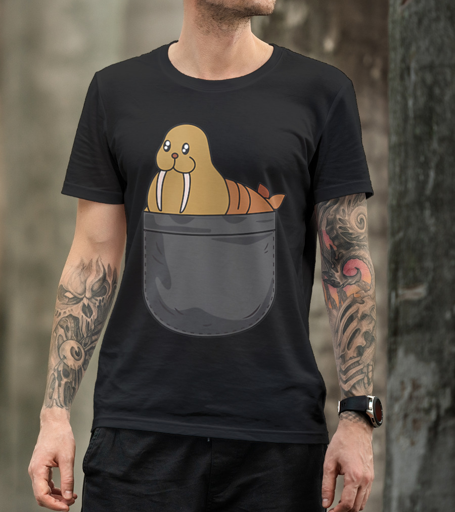 Walrus In Pocket Funny Animal Lover Cute Cartoon Walrus T-Shirt
