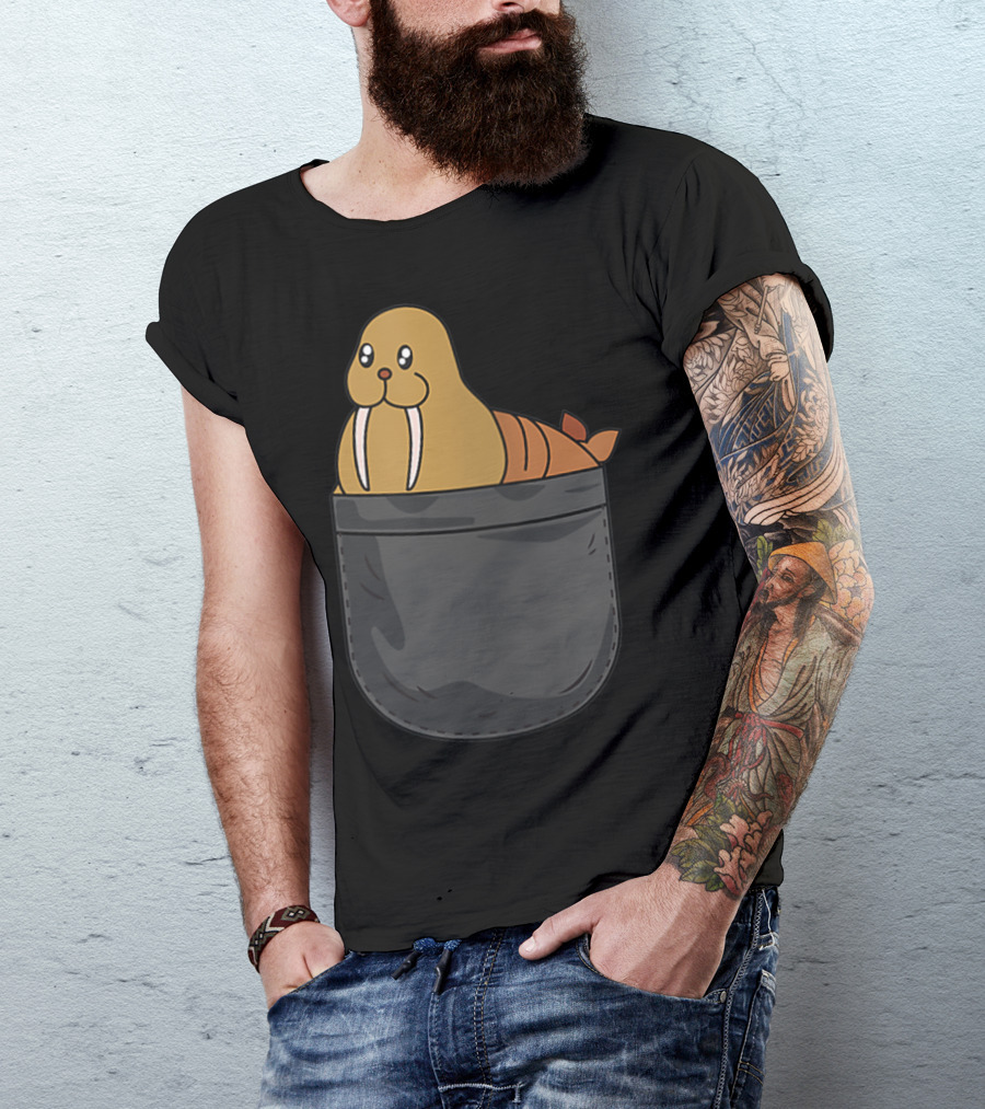 Walrus In Pocket Funny Animal Lover Cute Cartoon Walrus T-Shirt