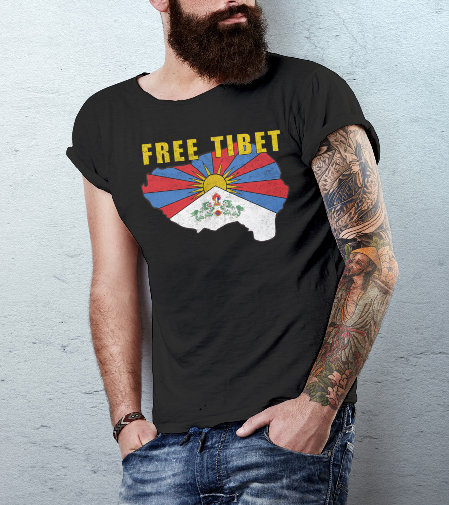Free Tibet Flag With Sunrise Symbol Map T-Shirt