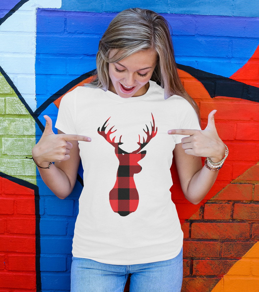 Buffalo Plaid Red Black Christmas Deer T-Shirt