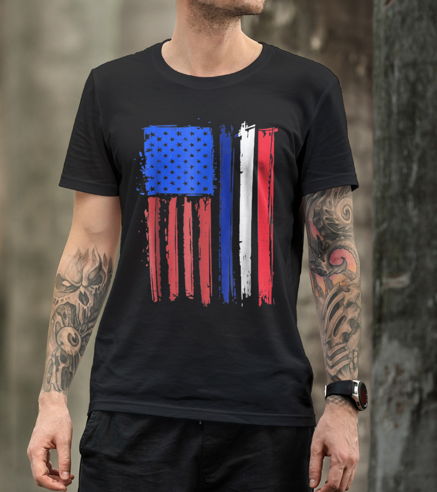 Half French American Flag Classic Patriot Stars And Stripes Paint T-Shirt