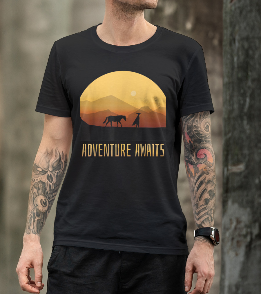 Adventure Awaits Man And Horse At Sunset In Mountain Landscape T-Shirt