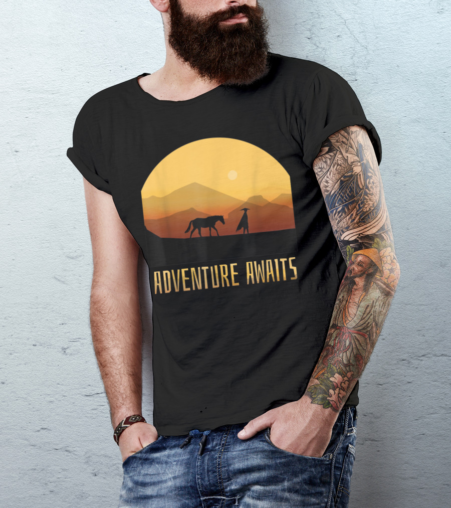 Adventure Awaits Man And Horse At Sunset In Mountain Landscape T-Shirt
