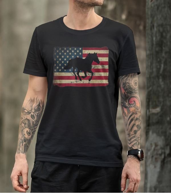 American Flag Black Horse Silhouette T-Shirt
