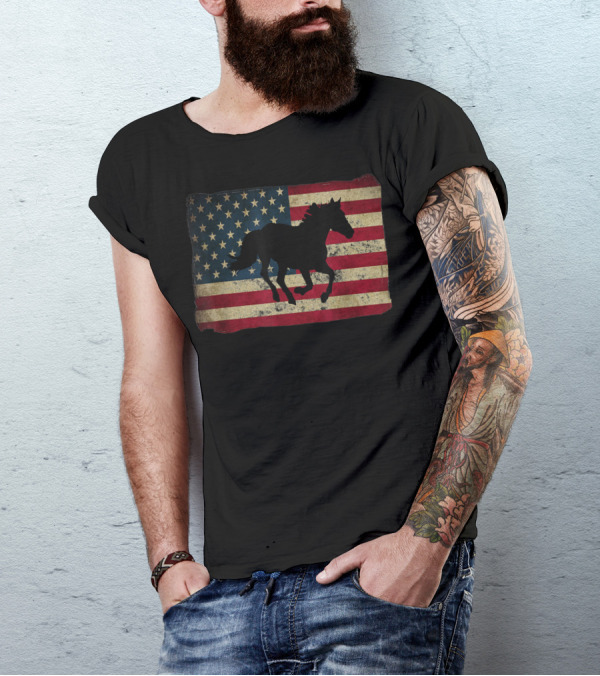 American Flag Black Horse Silhouette T-Shirt