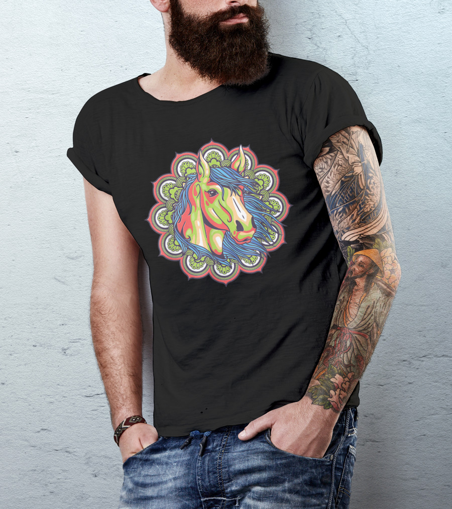 Artistic Mandala Colorful Horse Head With Vibrant Green And Blue Elements T-Shirt
