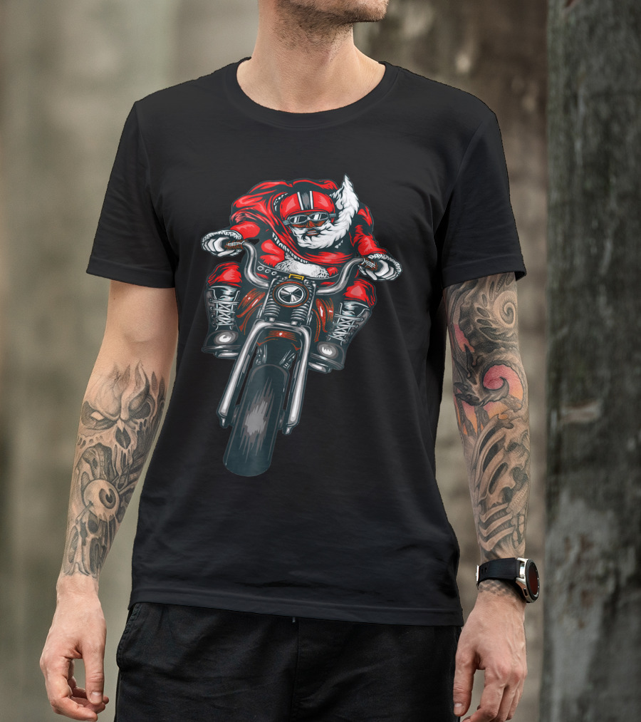 African American Black Biker Santa Claus On Motorcycle T-Shirt