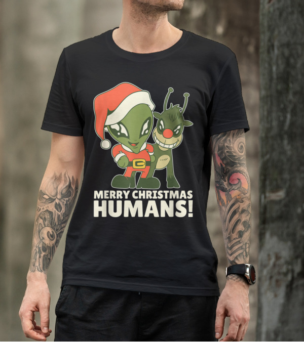 Merry Christmas Humans Alien Santa And Reindeer T-Shirt