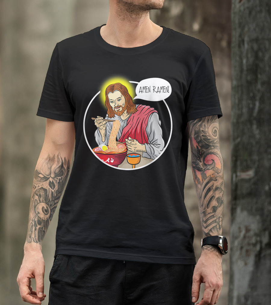 Amen Ramen Jesus Christ Eating Ramen Noodles With Halo And Speech Bubble T-Shirt