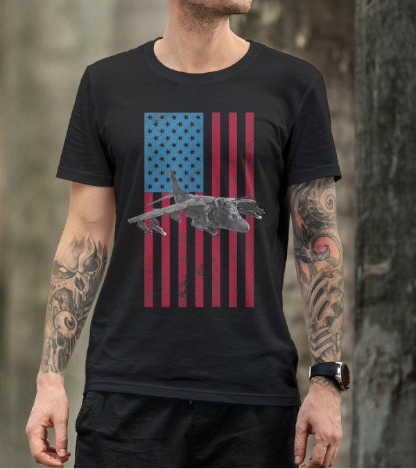 AV8B Harrier American Flag USA Military Aircraft T-Shirt