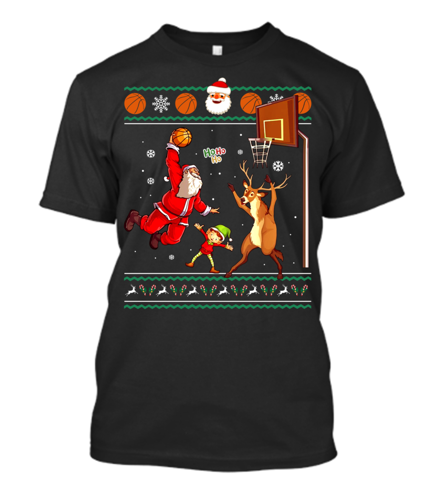 Basketball Christmas Ugly Dunking Santa Reindeer Elf Ho Ho Ho Snowflakes T-Shirt