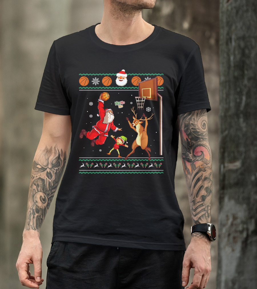 Basketball Christmas Ugly Dunking Santa Reindeer Elf Ho Ho Ho Snowflakes T-Shirt