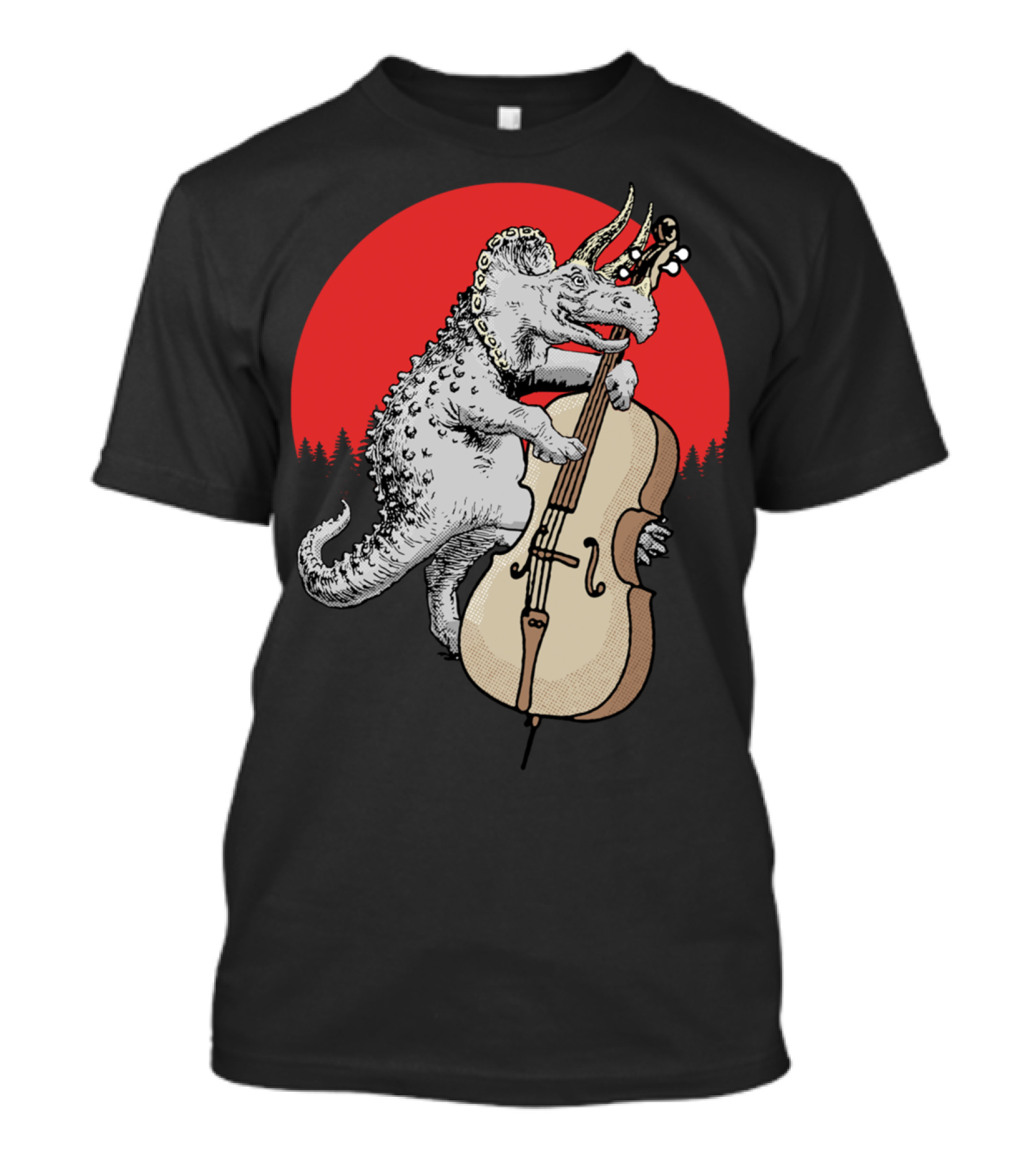 Bassasaurus Triceratops Dinosaur Playing Double Bass With Red Sun Background T-Shirt