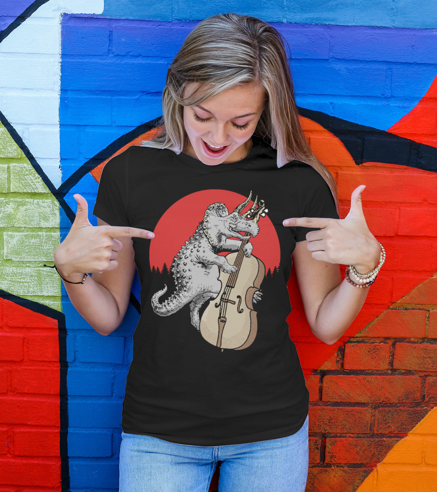 Bassasaurus Triceratops Dinosaur Playing Double Bass With Red Sun Background T-Shirt