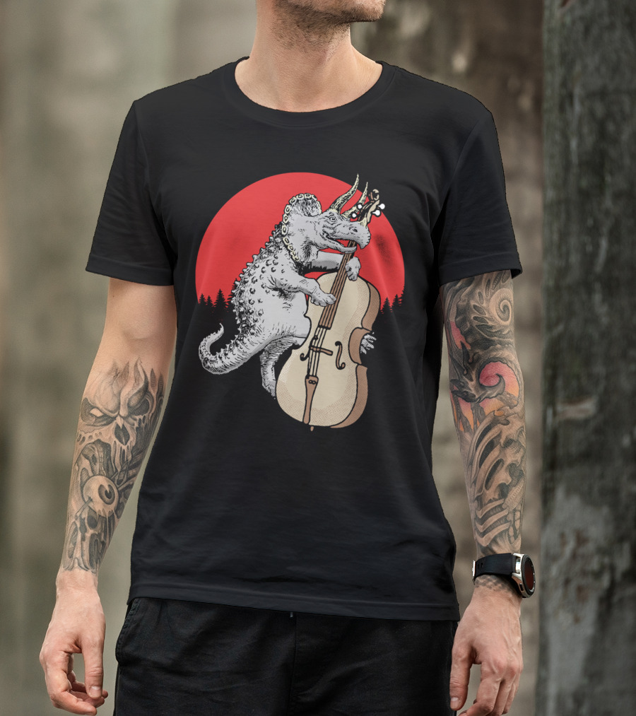 Bassasaurus Triceratops Dinosaur Playing Double Bass With Red Sun Background T-Shirt