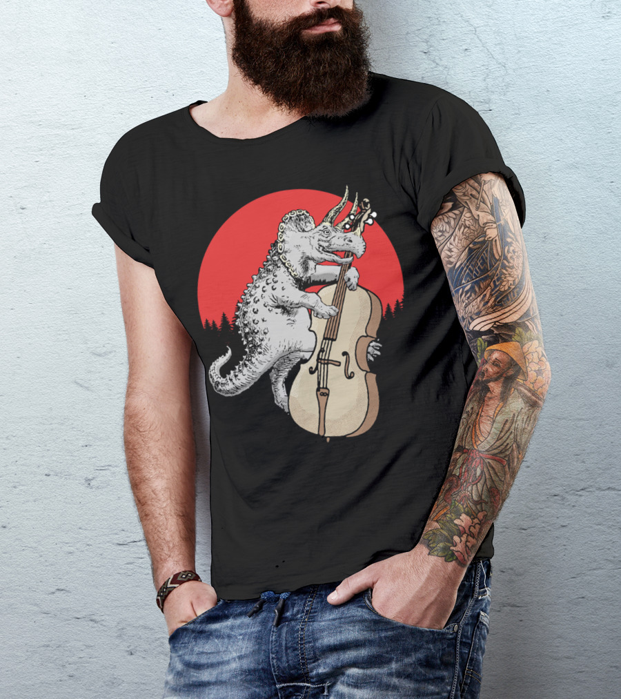 Bassasaurus Triceratops Dinosaur Playing Double Bass With Red Sun Background T-Shirt