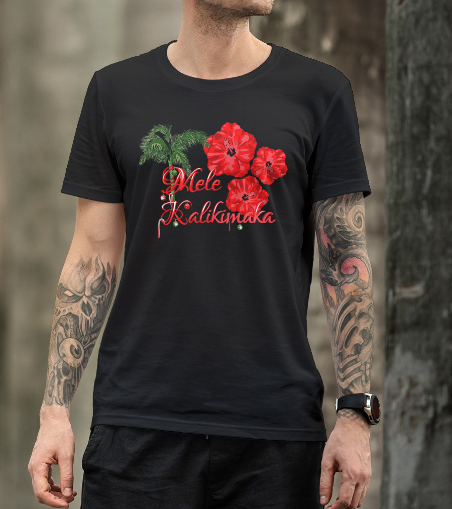 Mele Kalikimaka Red Hibiscus And Palm Holiday Greetings T-Shirt
