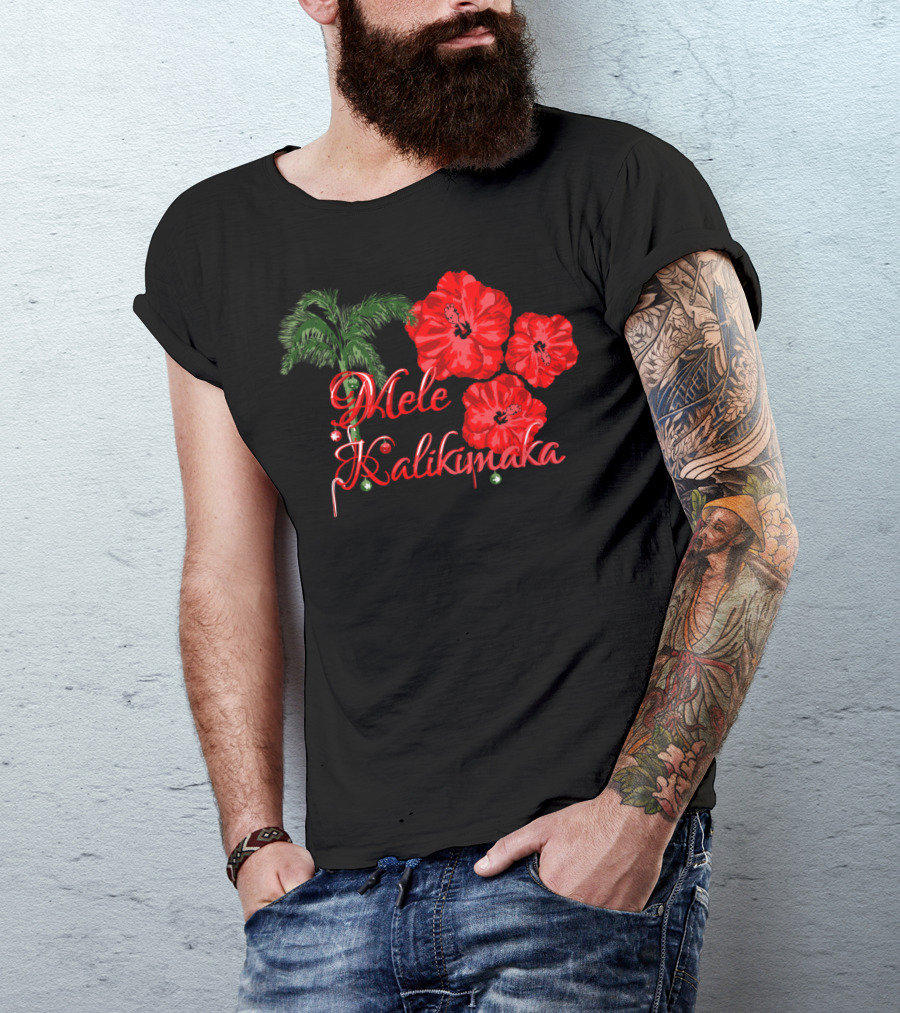 Mele Kalikimaka Red Hibiscus And Palm Holiday Greetings T-Shirt
