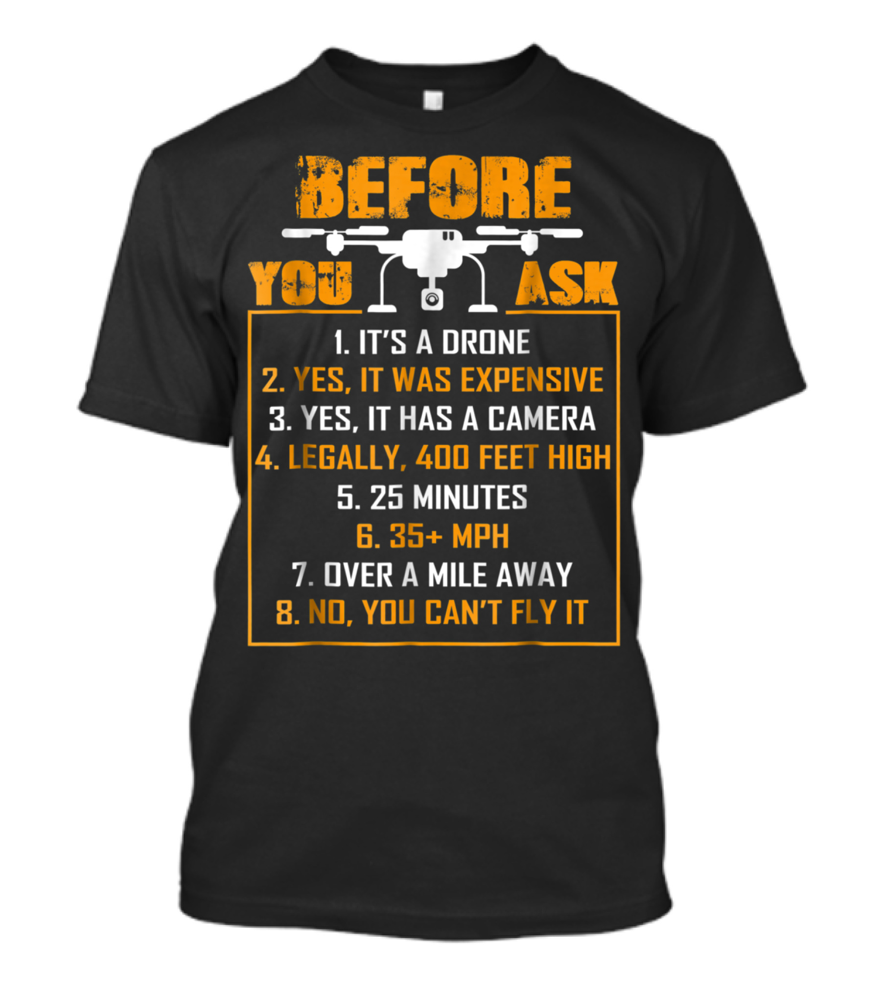 Before You Ask It's A Drone Expensive Camera 400 Feet 25 Minutes 35+ MPH Over A Mile Away Can't Fly It T-Shirt