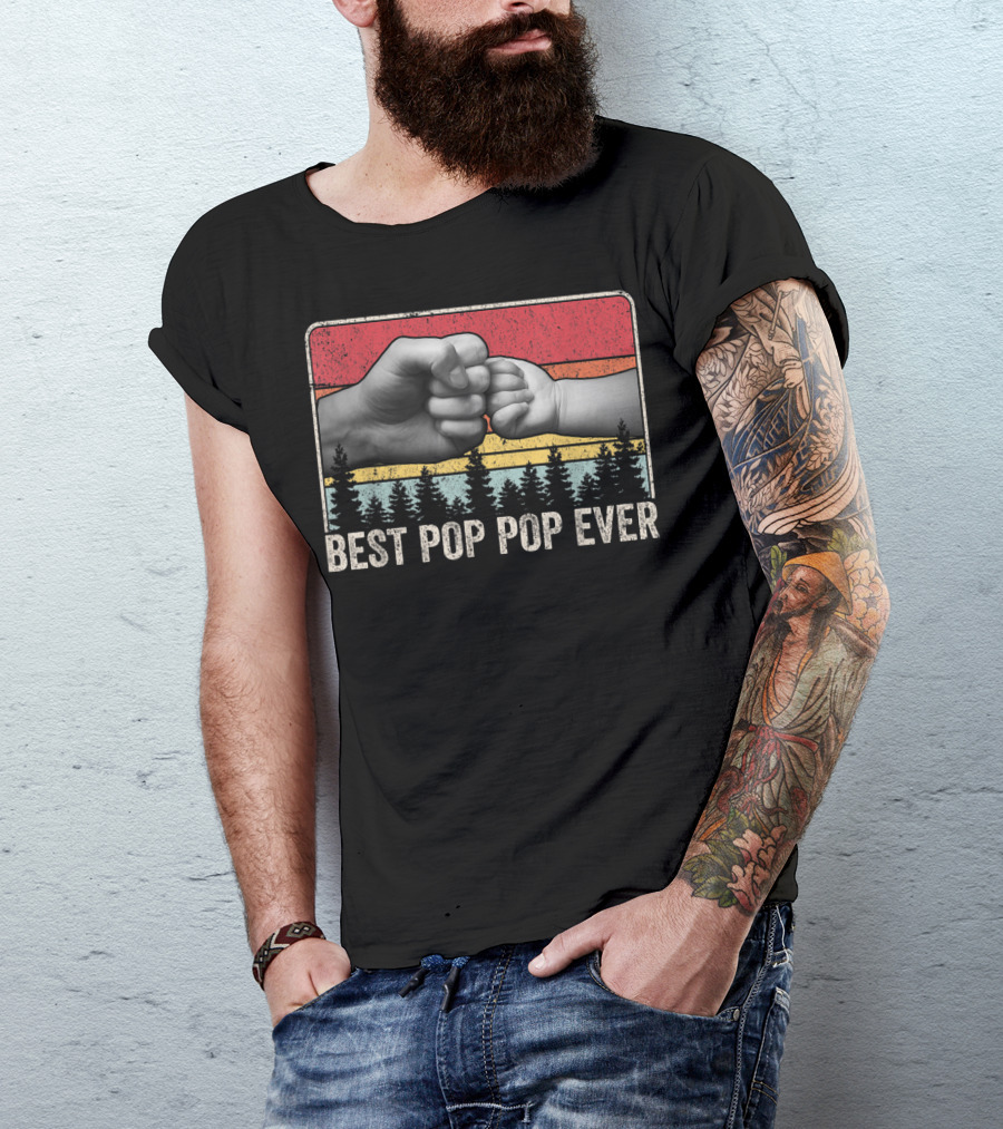 Best Pop Pop Ever Vintage Fist Bump Silhouette Forest Stripe Retro T-Shirt