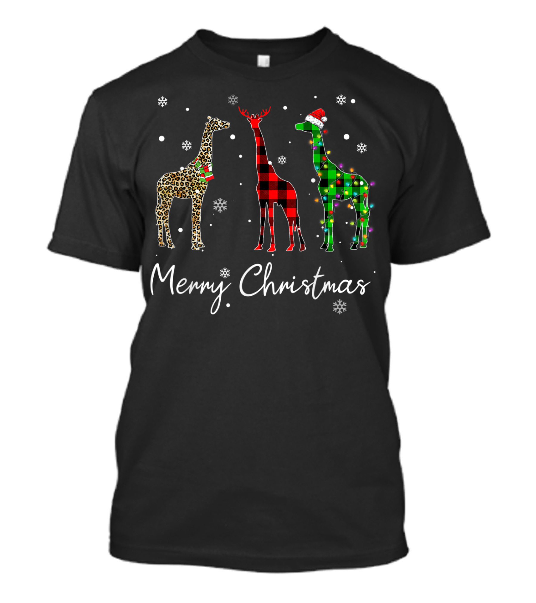 Merry Christmas Buffalo Plaid Giraffe With Leopard And Festive Lights T-Shirt