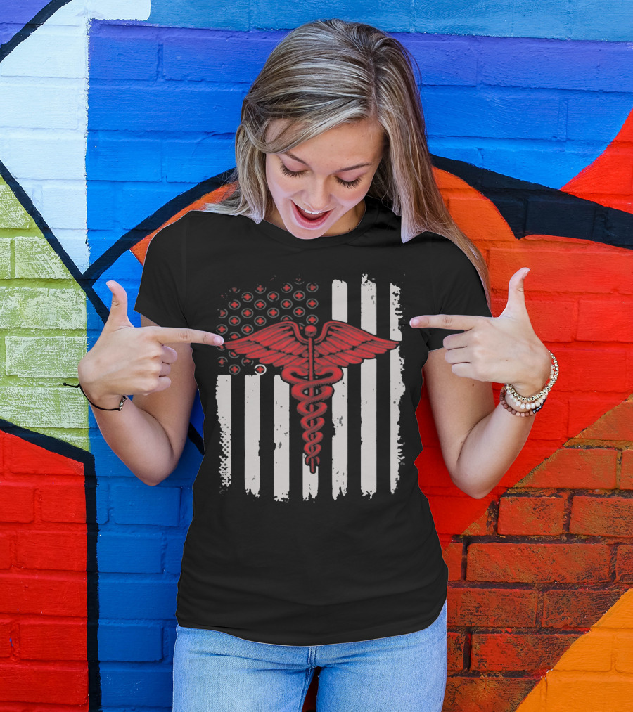 Caduceus Nurse Red Stripes American Flag T-Shirt